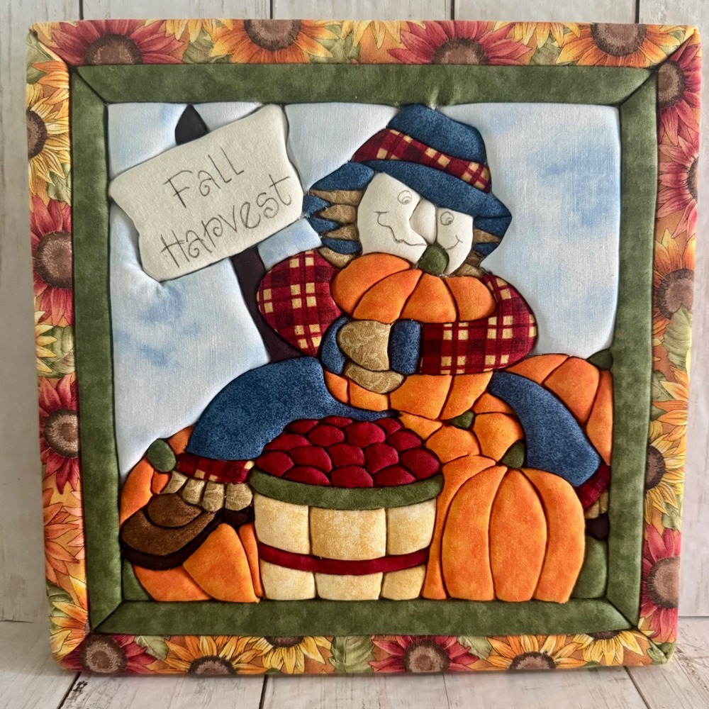 Handmade Fabric Puff Quilt Wall Art Fall Pumpkin Scarecrow Harvest Decor 12x12